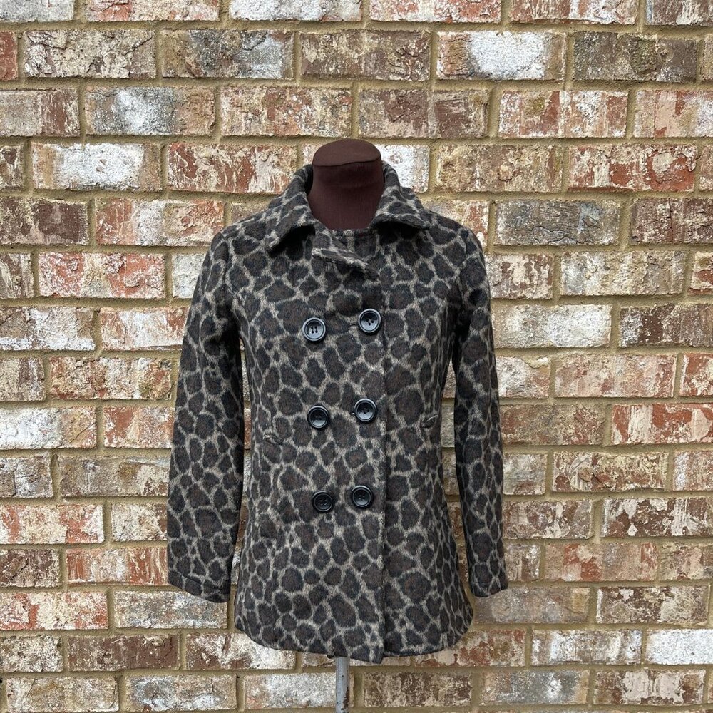 Me Jane Girl’s Black & Brown Animal Leopard Print Pea Coat Size 10/12